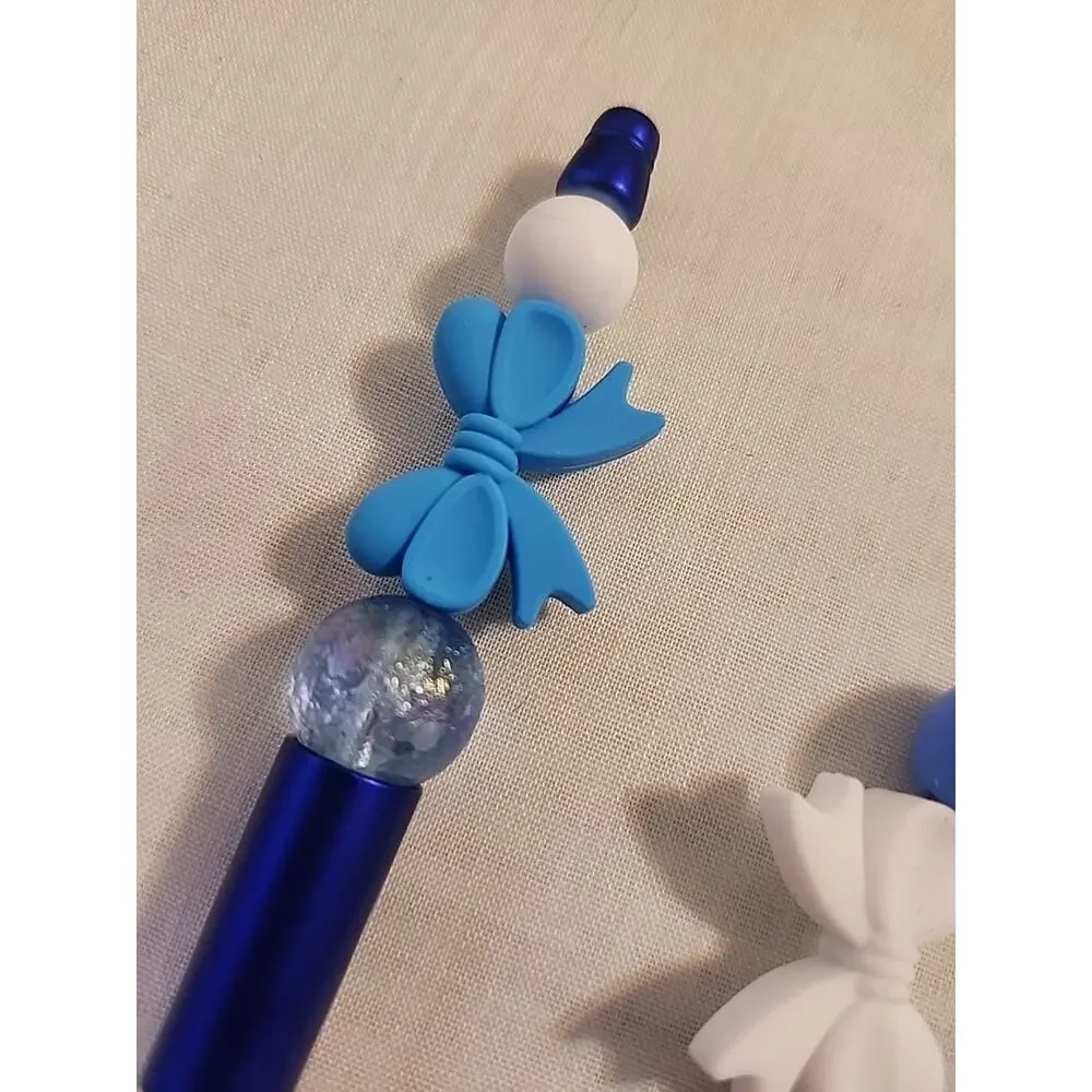 Bead Pen & Cup Charm Matching Combo Blue & White Bows Silicone Beads